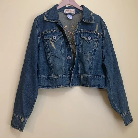 Z. Cavaricci Y2K Denim Blue Jean Bird Embroidery Distressed Button Down Jacket 4 - Picture 3 of 17